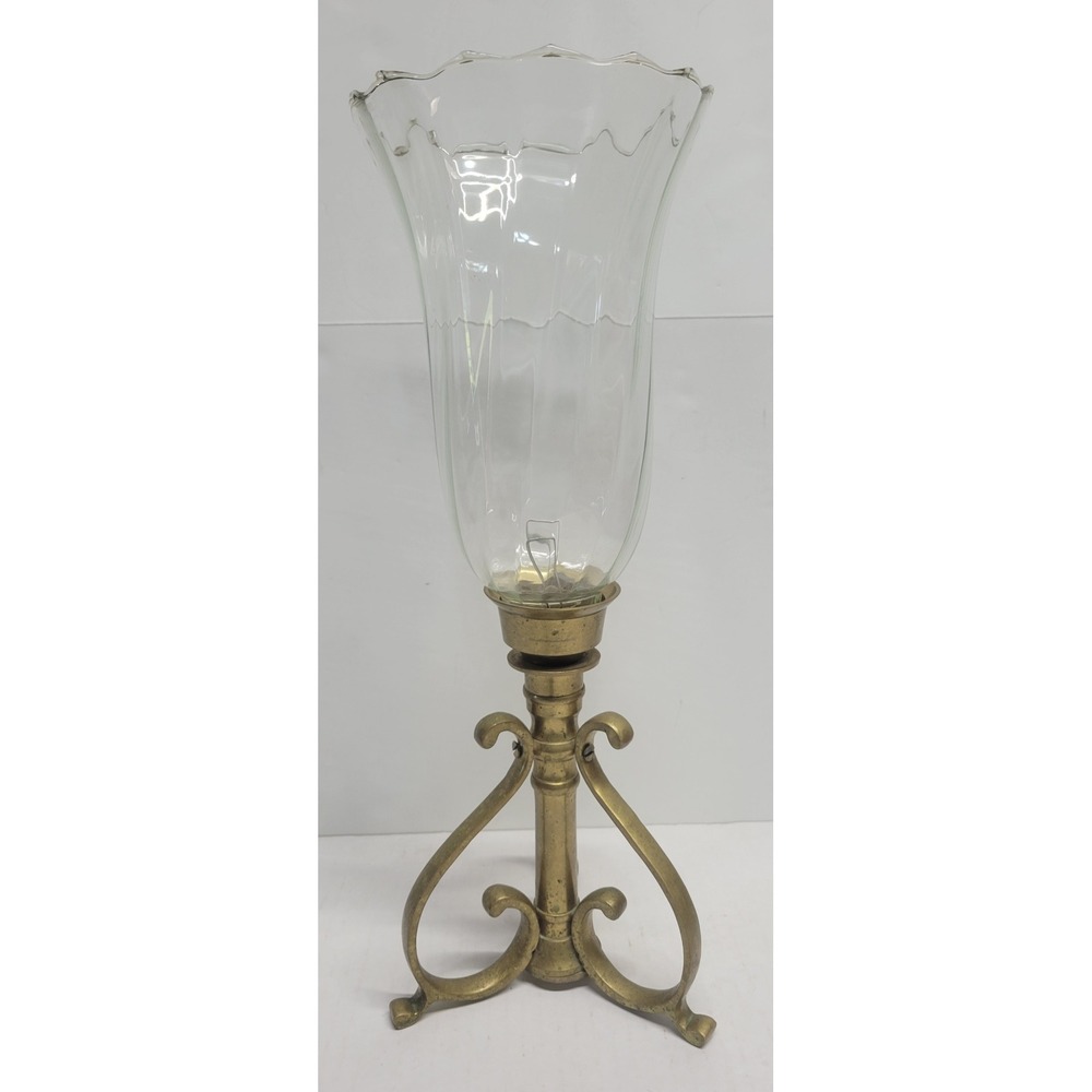 Vintage Brass Hurricane Candle Holder Scroll Tripod Base Scalloped Glass Shade